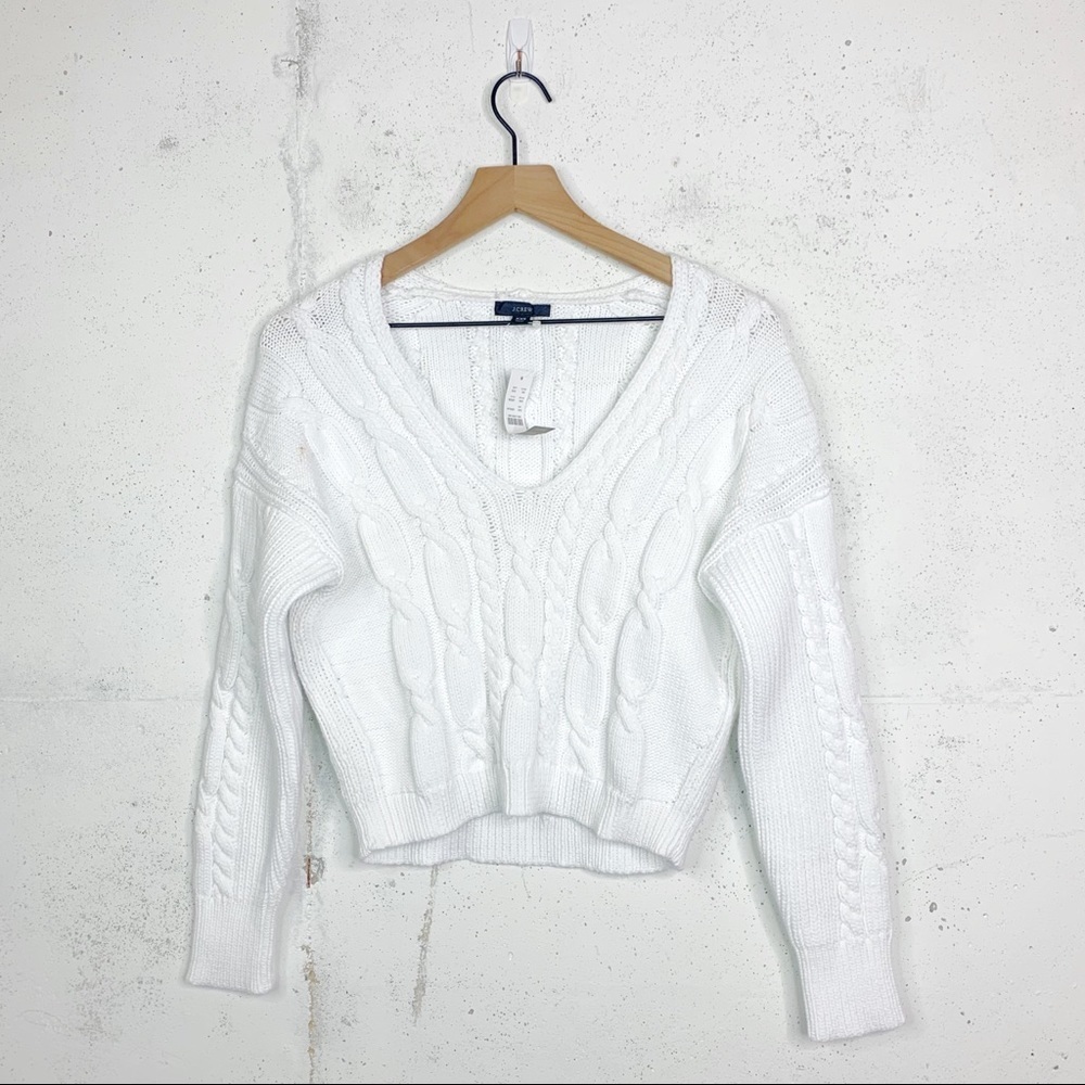 J. Crew V Neck Cable Knit White Pullover Sweater Size XXS